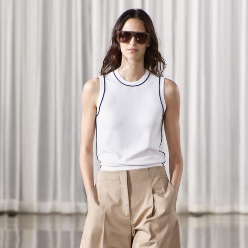Zara White Sleeveless Top with Black Trim